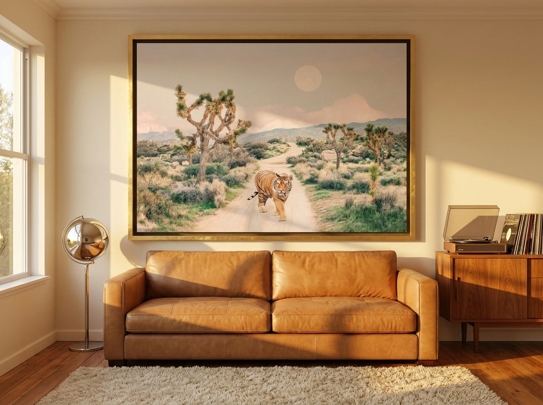 Oversized statement canvas wall art with a gold leaf surround styled on the wall in a retro 70s living room