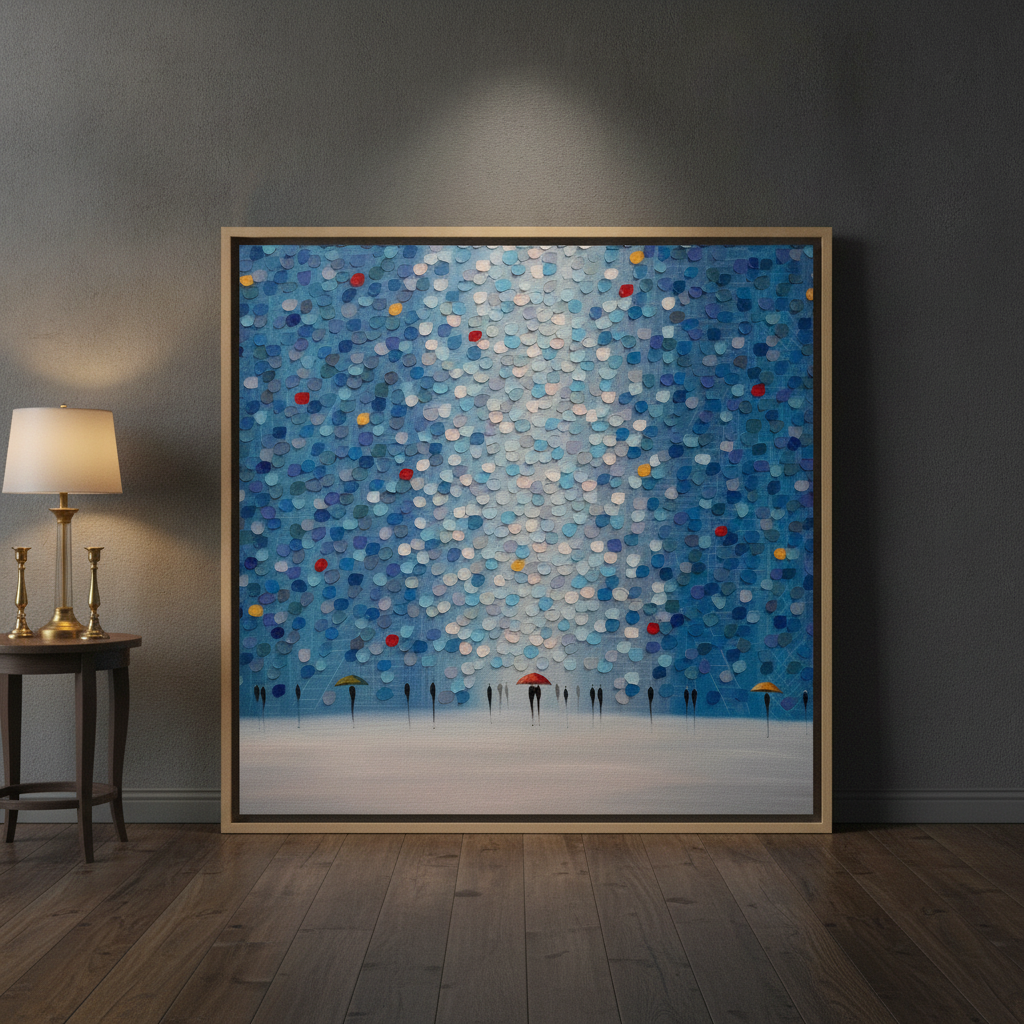 Oversized statement canvas wall art with a natural timber surround leaning against the wall in a moody home office