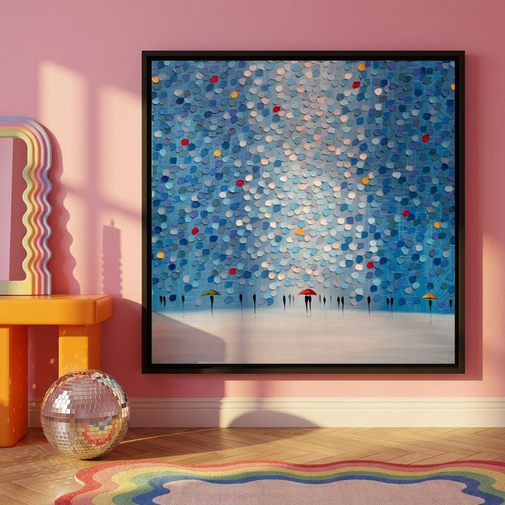 Canvas wall art with a black surround standing on a side table in a colourful eclectic bedroom