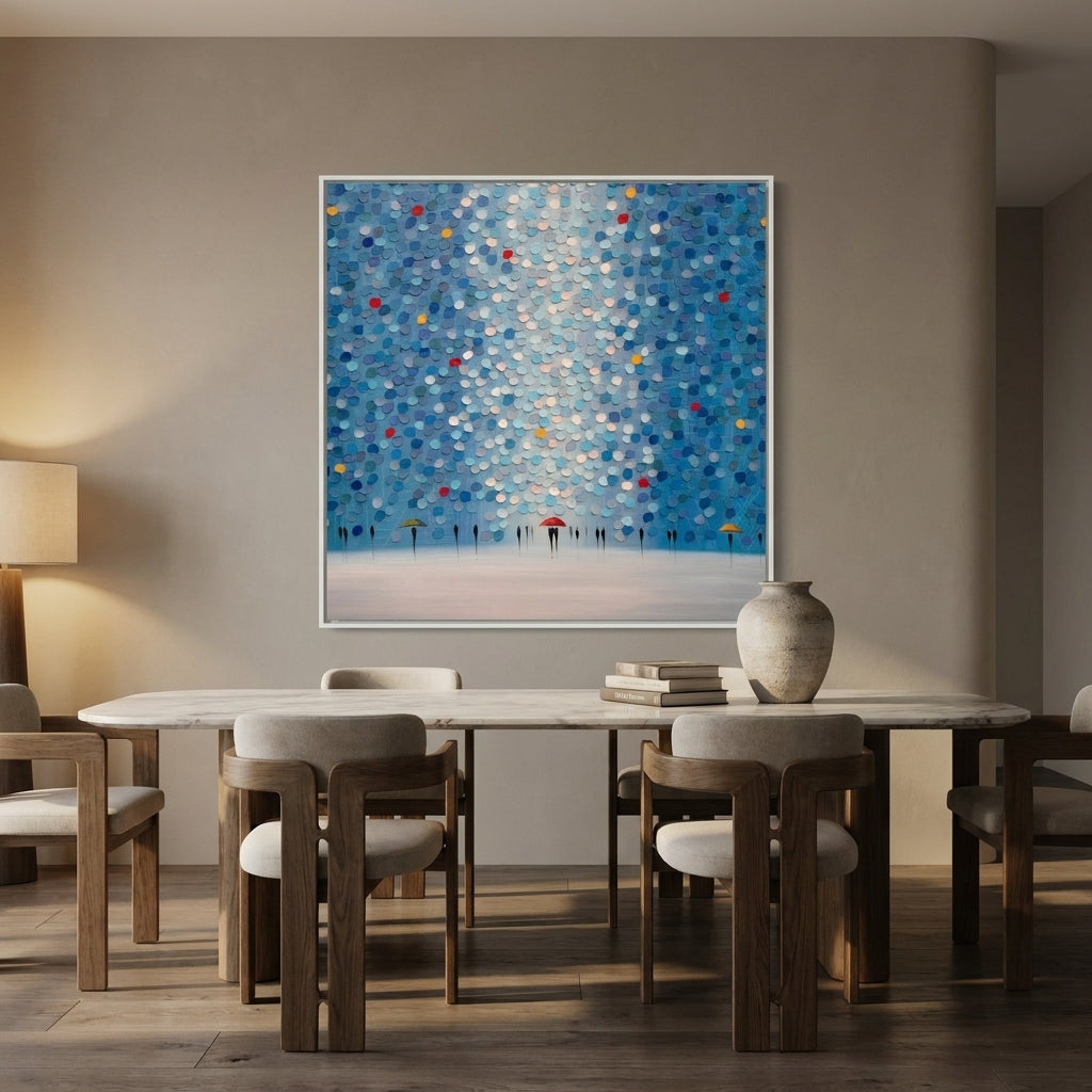 Oversized statement canvas wall art with a white surround styled on the wall in a luxe dining room