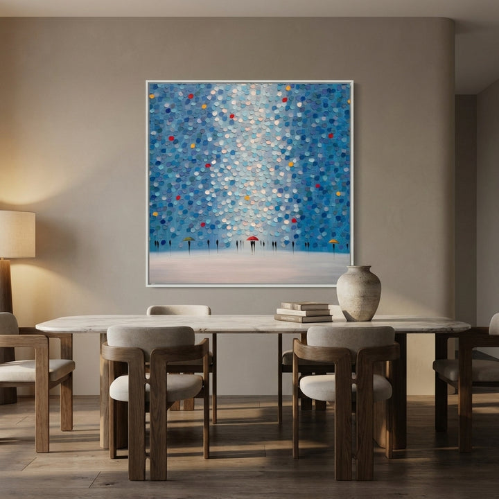 Oversized statement canvas wall art with a white surround styled on the wall in a luxe dining room