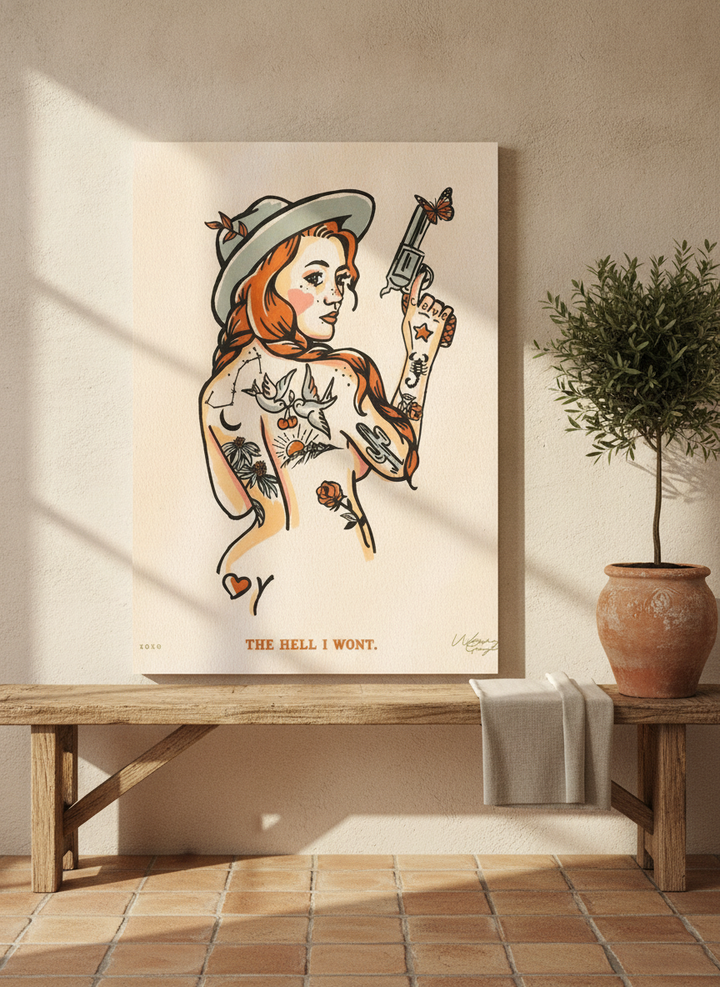 Stretched canvas wall art standing on a bench in a Mediterranean home office