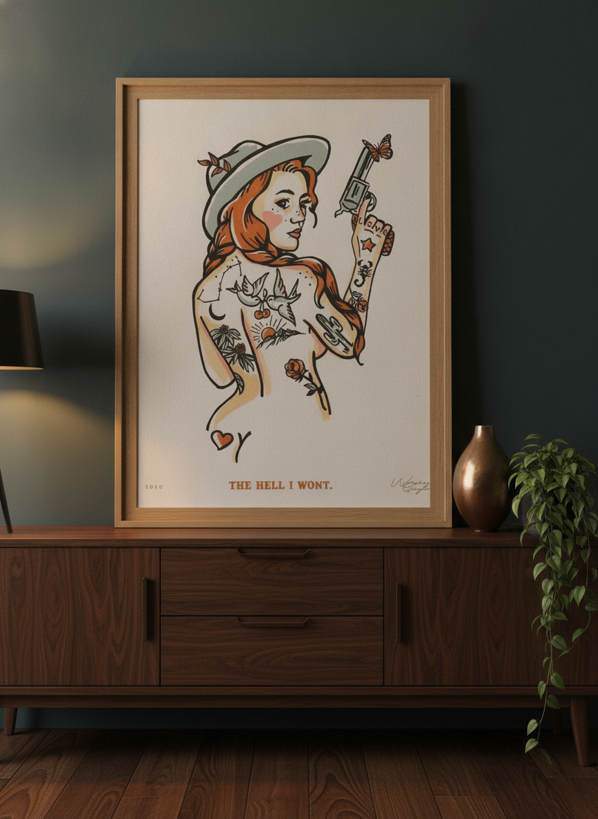 Modern wall art print standing on a sideboard in a moody bedroom