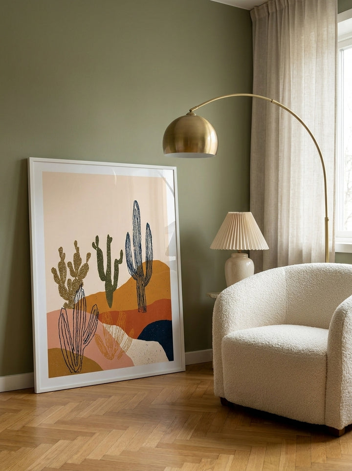 Modern wall art print leaning against the wall in a mid-century bedroom