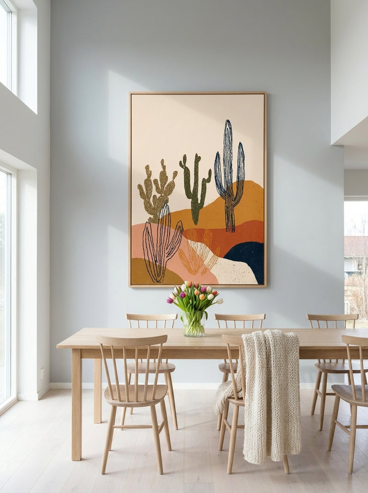 Oversized statement modern wall art print styled on the wall in a bright Scandinavian dining room