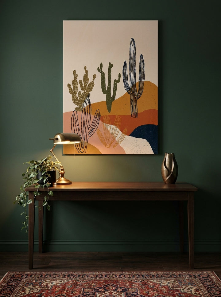 Stretched canvas wall art styled on the wall in a moody home office