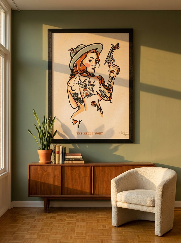 Oversized statement modern wall art print styled on the wall in a mid-century living room