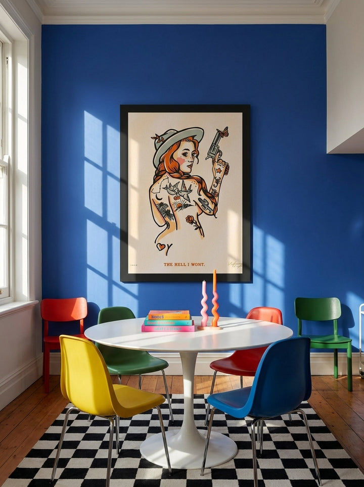 Oversized statement modern wall art print styled on the wall in a colourful eclectic dining room