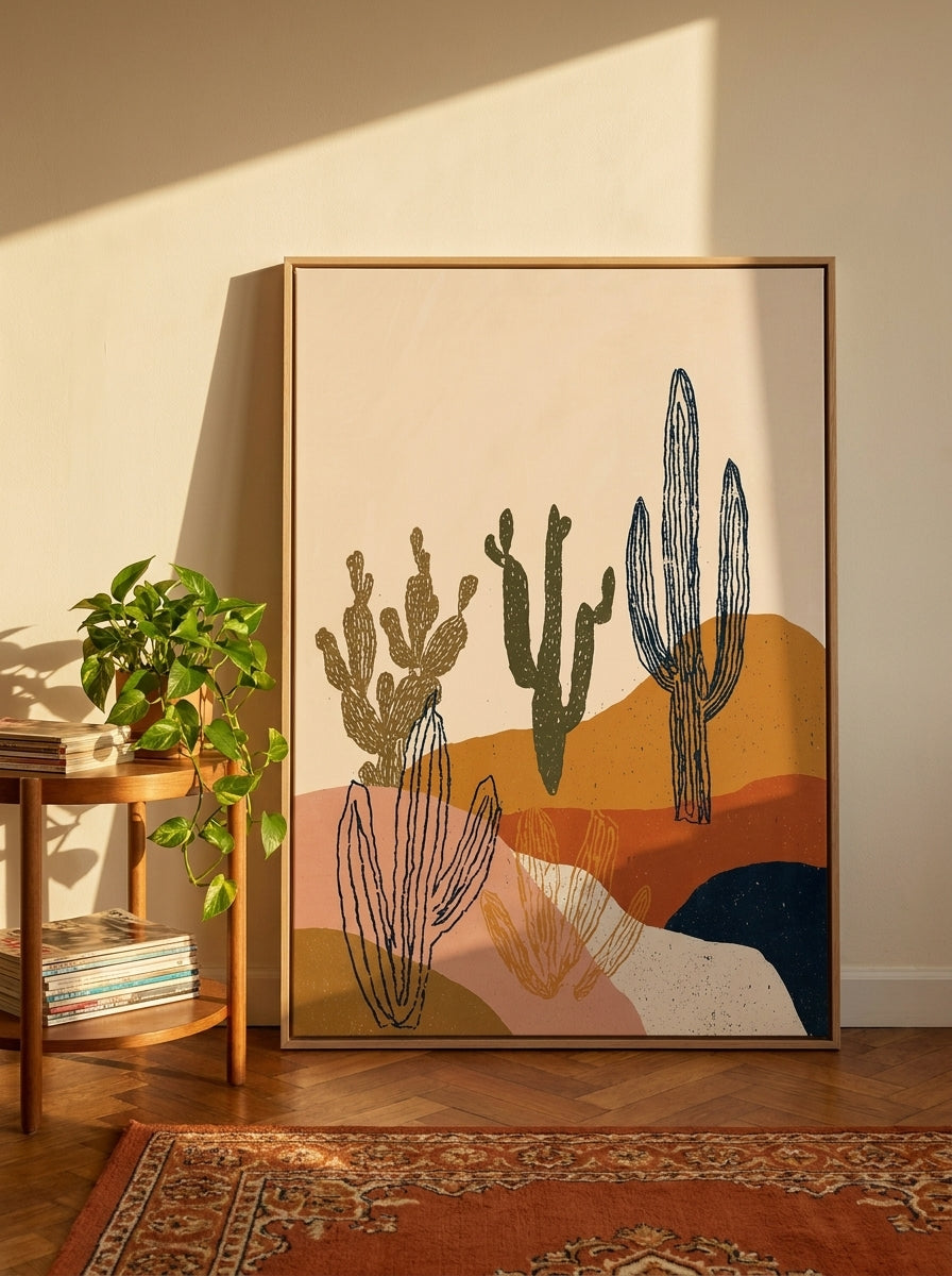 Oversized statement canvas wall art with a natural timber surround leaning against the wall in a retro 70s dining room