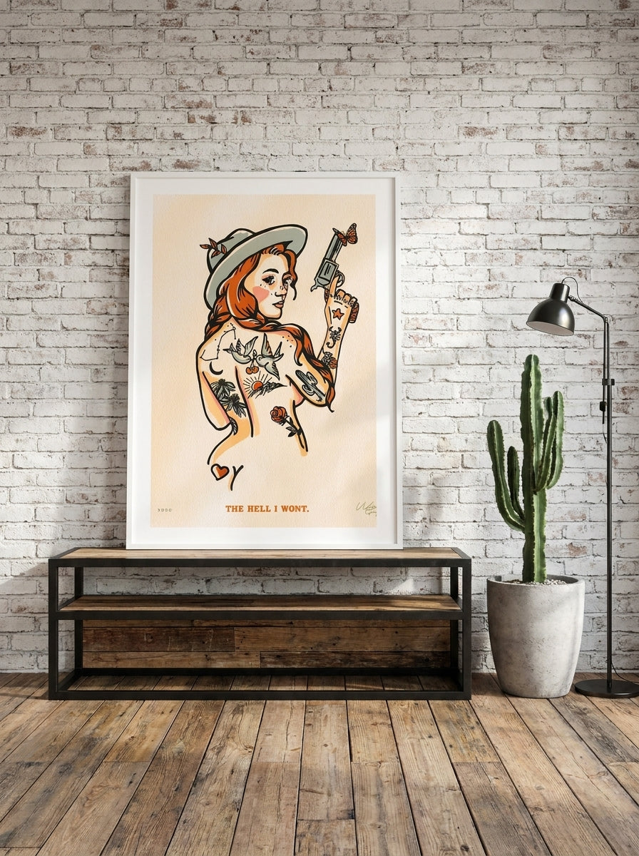 Modern wall art print standing on a console in an industrial loft home office