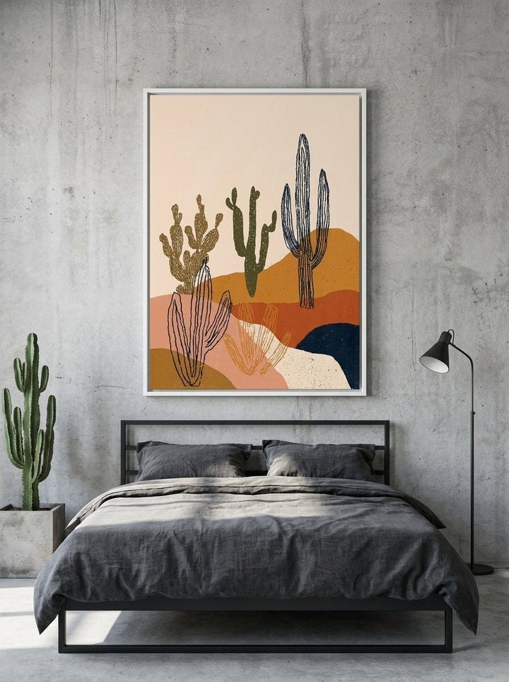 Canvas wall art with a white surround styled on the wall in an industrial loft bedroom