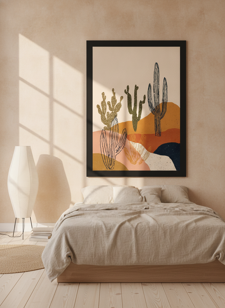 Oversized statement modern wall art print styled on the wall in a warm Japandi bedroom