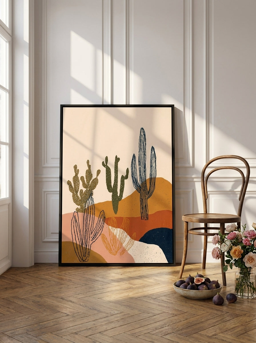 Canvas wall art with a black surround leaning against the wall in a Parisian living room