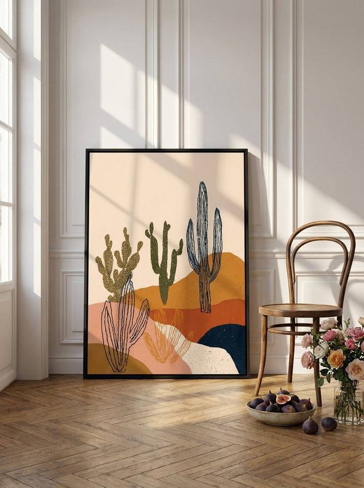 Canvas wall art with a black surround leaning against the wall in a Parisian living room