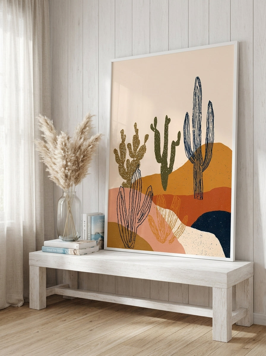 Modern wall art print standing on a console in a coastal home office