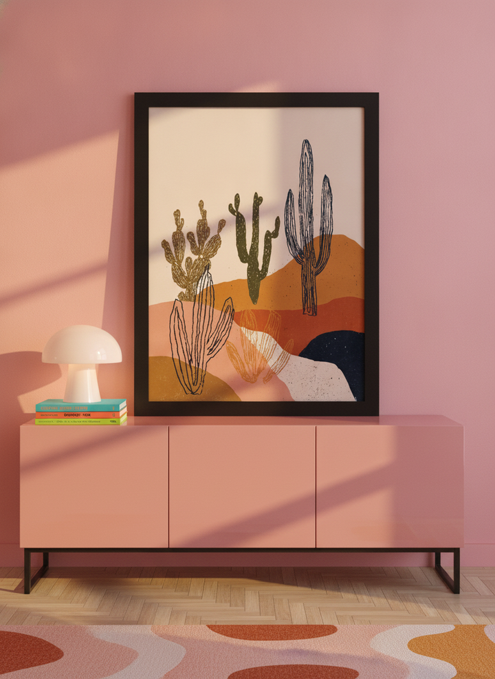 Modern wall art print standing on a sideboard in a colourful eclectic living room