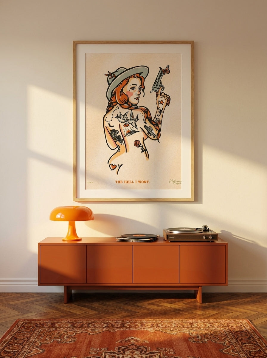 Modern wall art print styled on the wall in a retro 70s living room