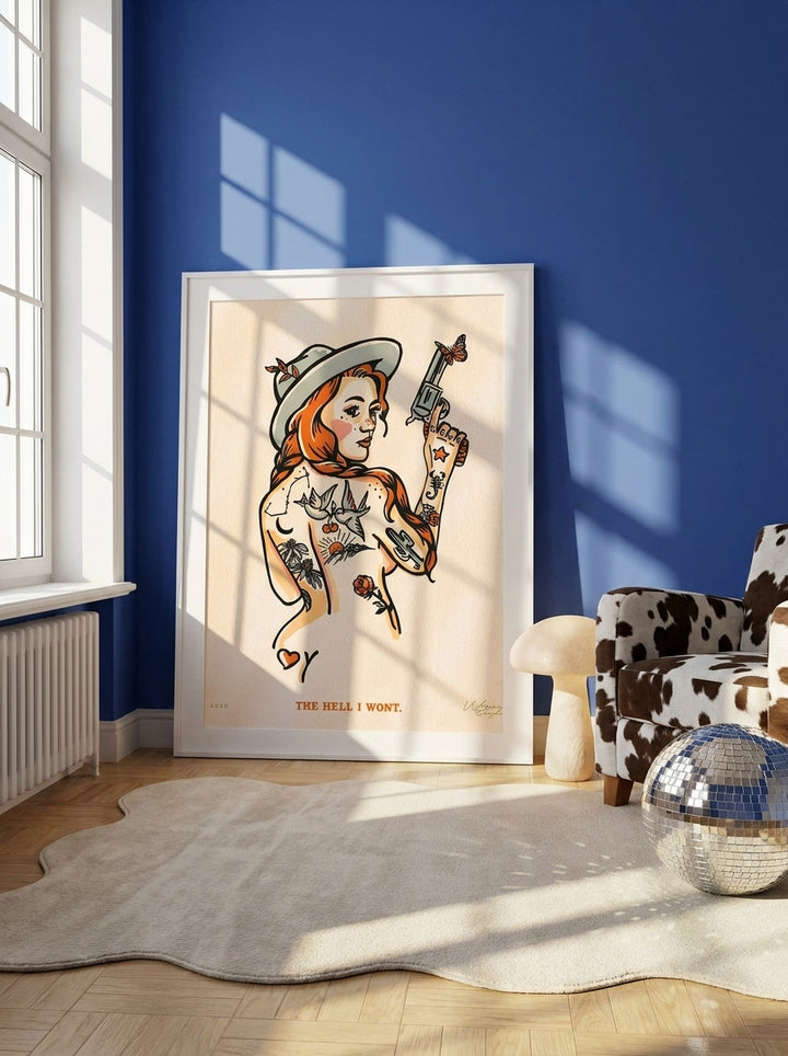 Modern wall art print leaning against the wall in a colourful eclectic bedroom