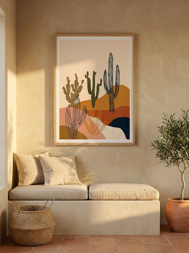 Modern wall art print styled on the wall in a Mediterranean living room