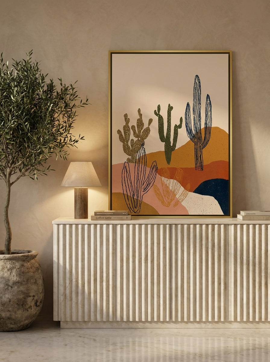Canvas wall art with a gold leaf surround standing on a sideboard in a luxe home office