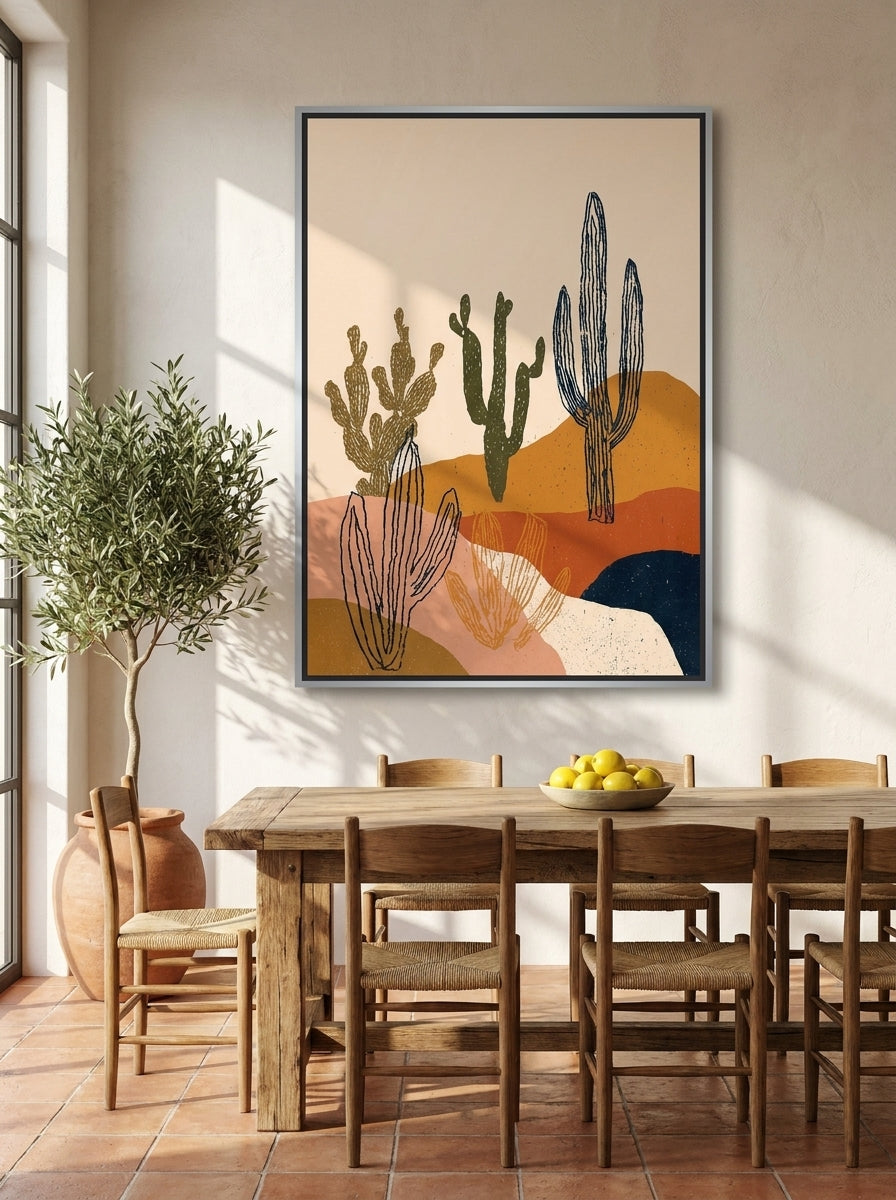 Oversized statement canvas wall art with a silver leaf surround styled on the wall in a Mediterranean dining room