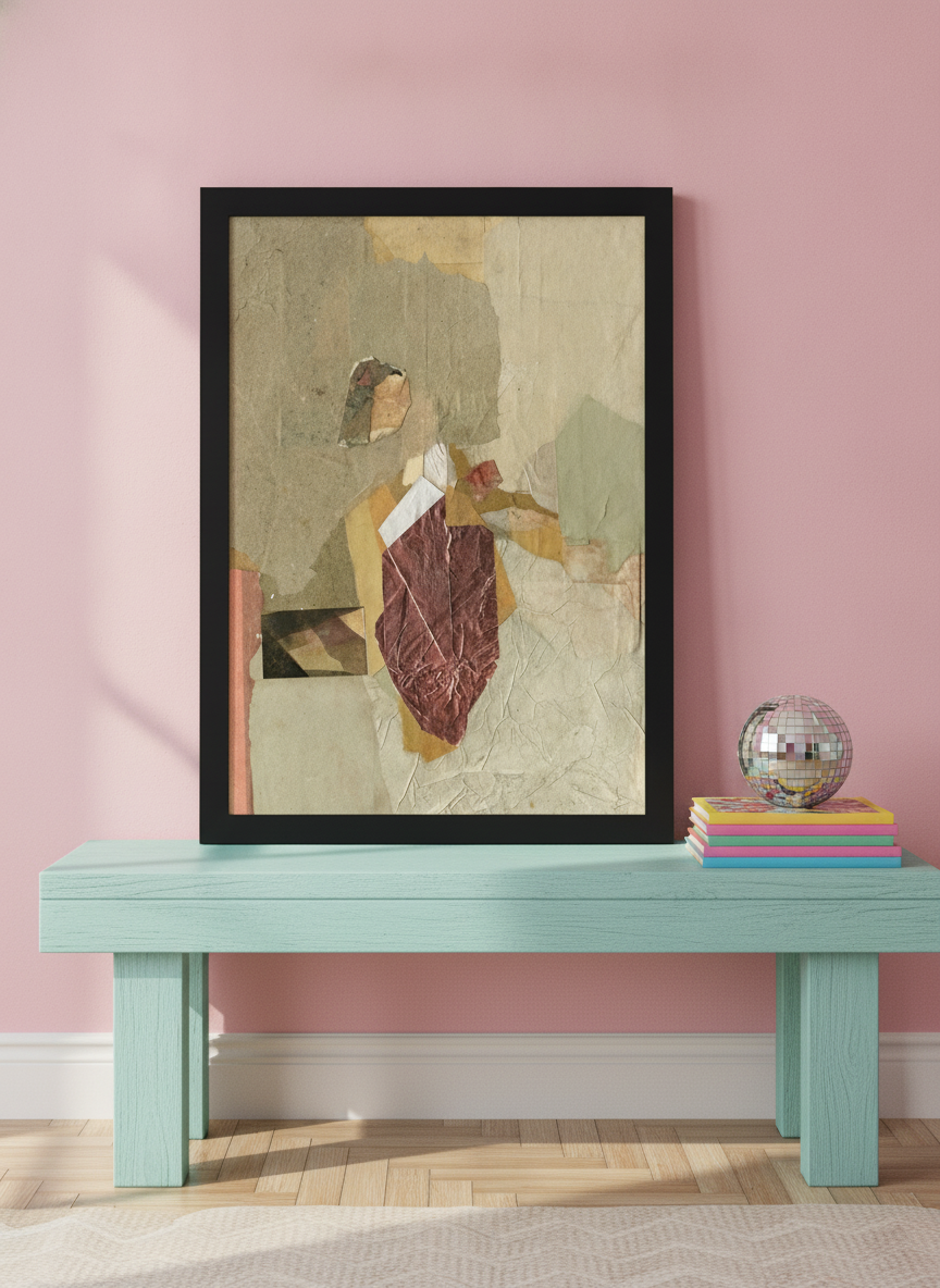 Modern wall art print standing on a side table in a colourful eclectic home office