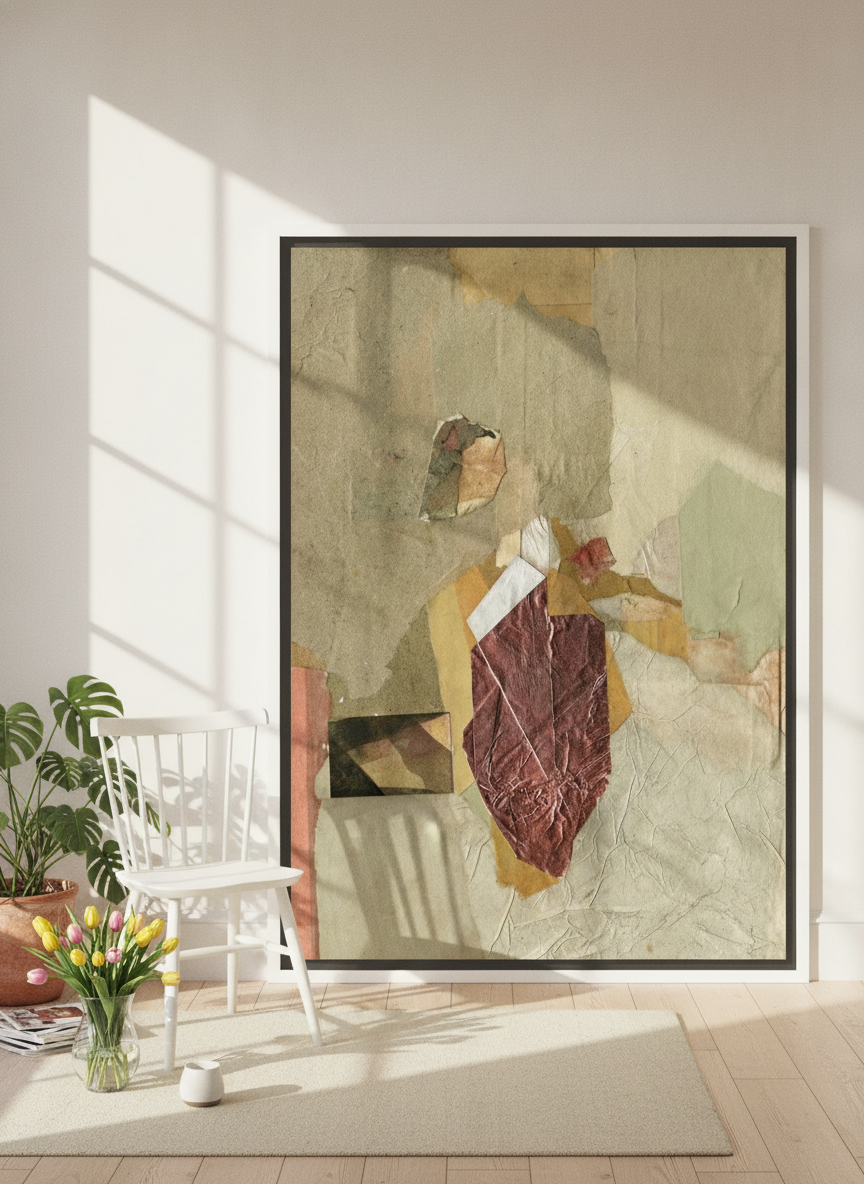 Oversized statement canvas wall art with a white surround leaning against the wall in a bright Scandinavian living room