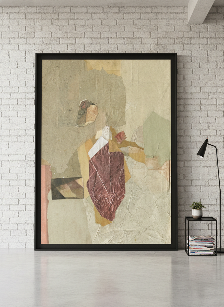 Oversized statement modern wall art print leaning against the wall in an industrial loft home office