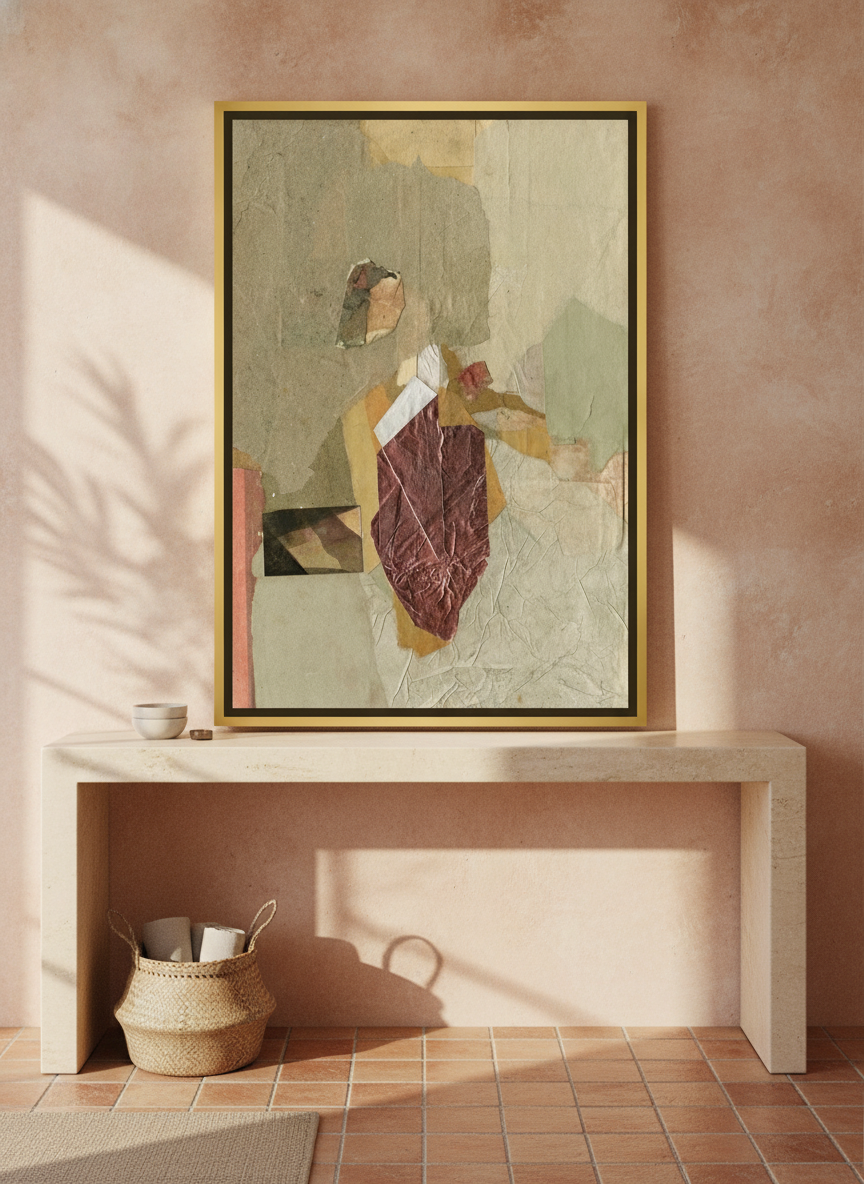 Canvas wall art with a gold leaf surround standing on a console in a Mediterranean home office
