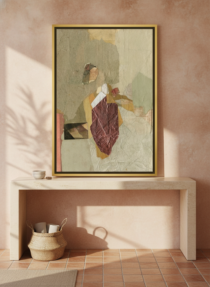 Canvas wall art with a gold leaf surround standing on a console in a Mediterranean home office