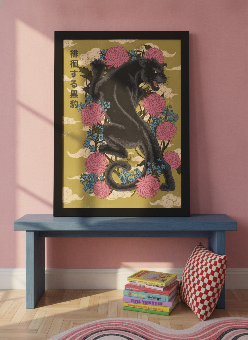 Modern wall art print standing on a side table in a colourful eclectic home office