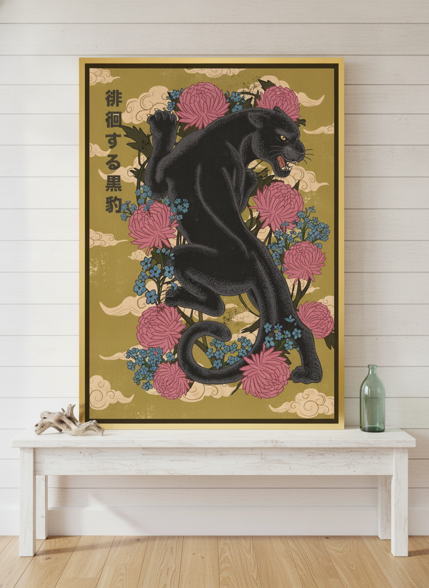 Canvas wall art with a gold leaf surround standing on a console in a coastal bedroom