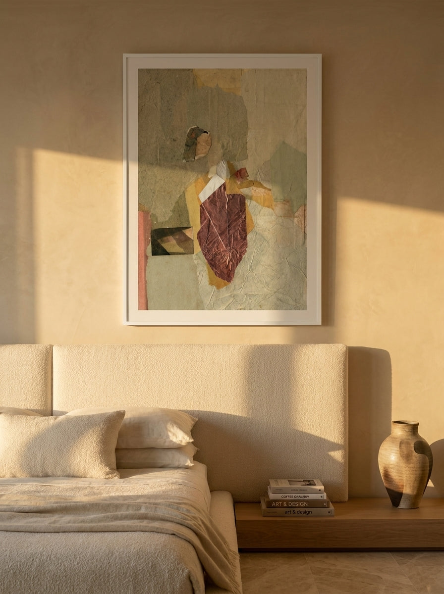 Modern wall art print styled on the wall in a luxe bedroom