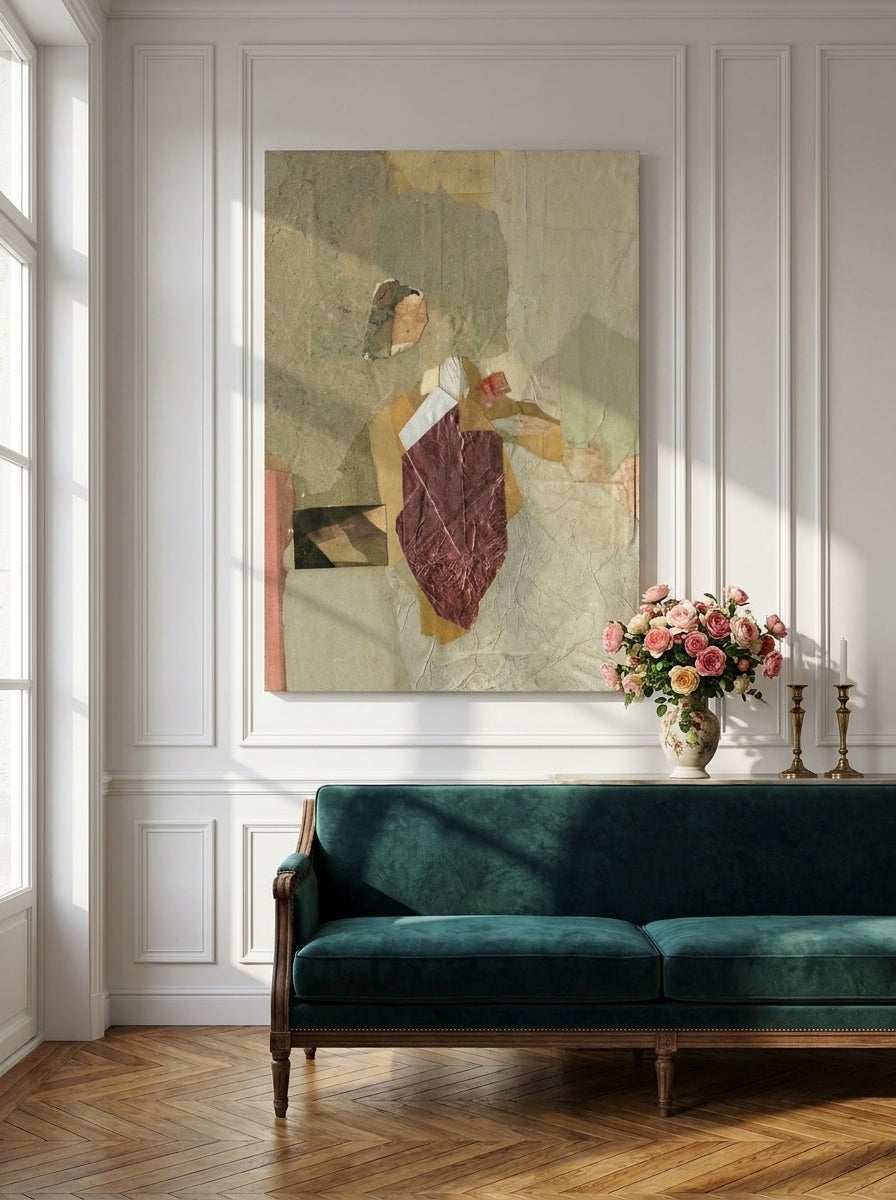 Stretched canvas wall art styled on the wall in a Parisian living room