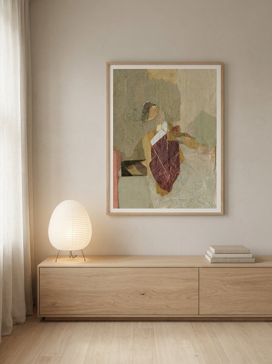 Modern wall art print styled on the wall in a warm Japandi living room