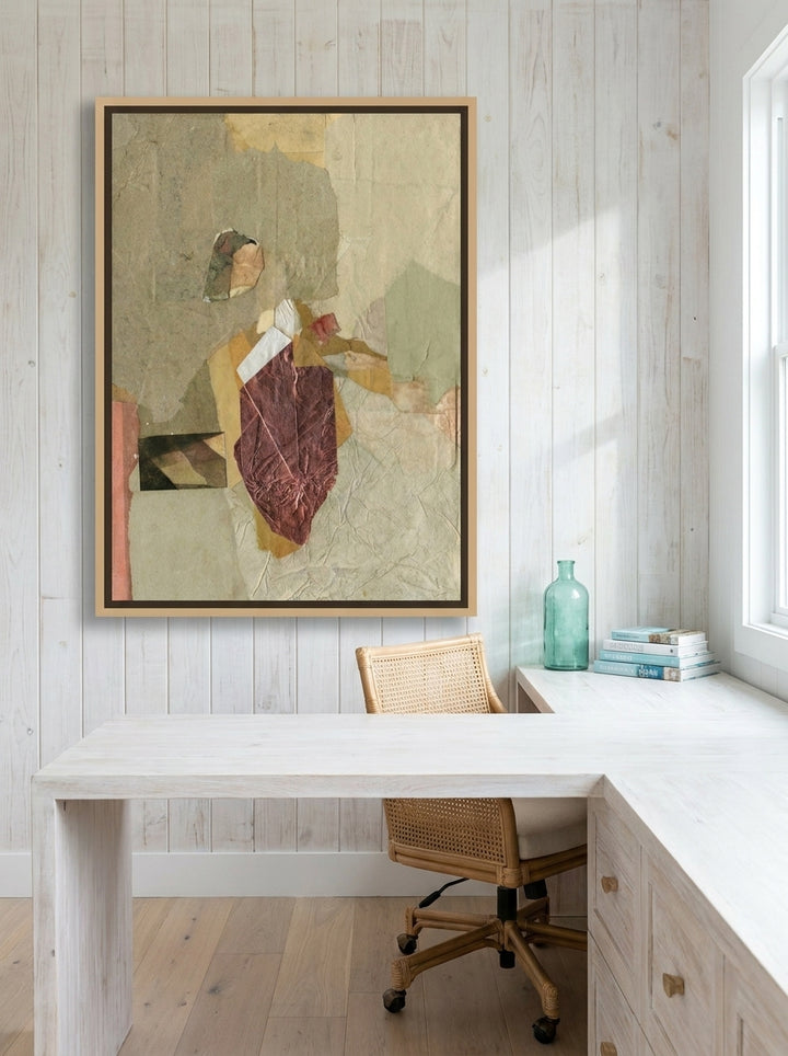 Oversized statement canvas wall art with a natural timber surround styled on the wall in a coastal home office