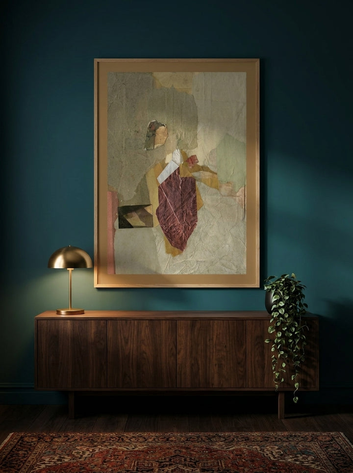 Oversized statement modern wall art print styled on the wall in a moody living room