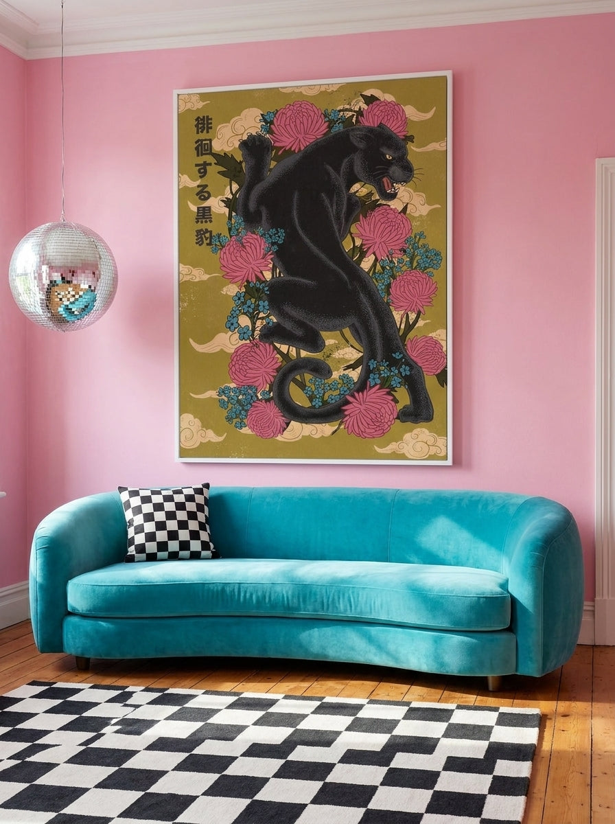 Oversized statement modern wall art print styled on the wall in a colourful eclectic living room