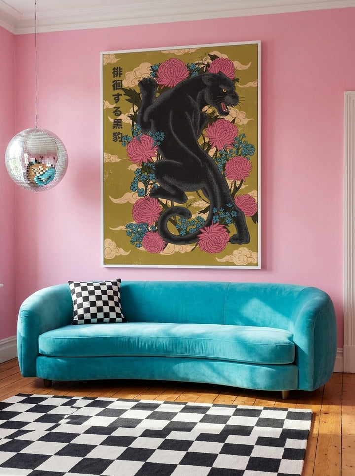 Oversized statement modern wall art print styled on the wall in a colourful eclectic living room