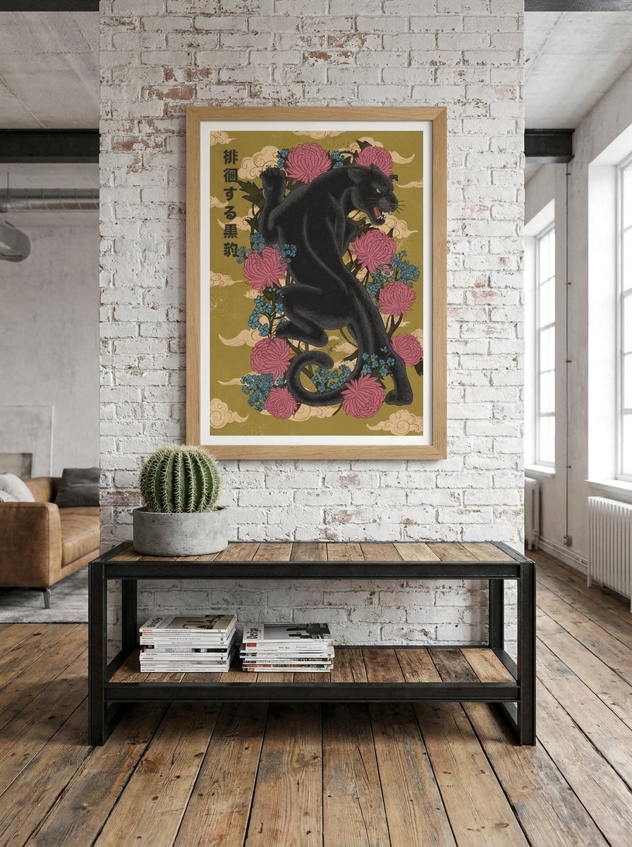 Modern wall art print styled on the wall in an industrial loft living room