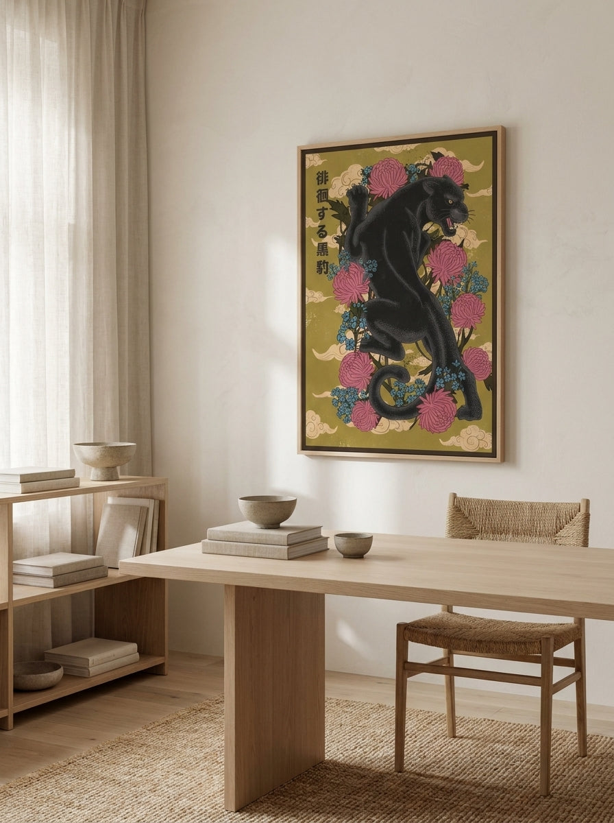 Canvas wall art with a natural timber surround styled on the wall in a warm Japandi home office