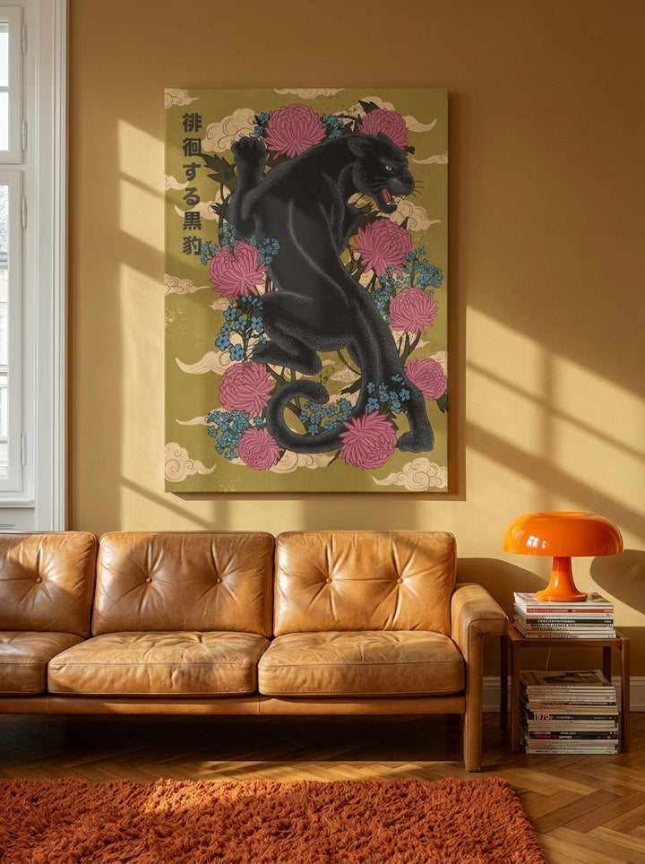 Stretched canvas wall art styled on the wall in a retro 70s living room