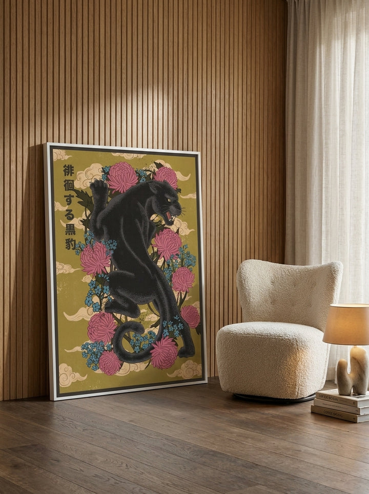 Canvas wall art with a white surround leaning against the wall in a luxe dining room