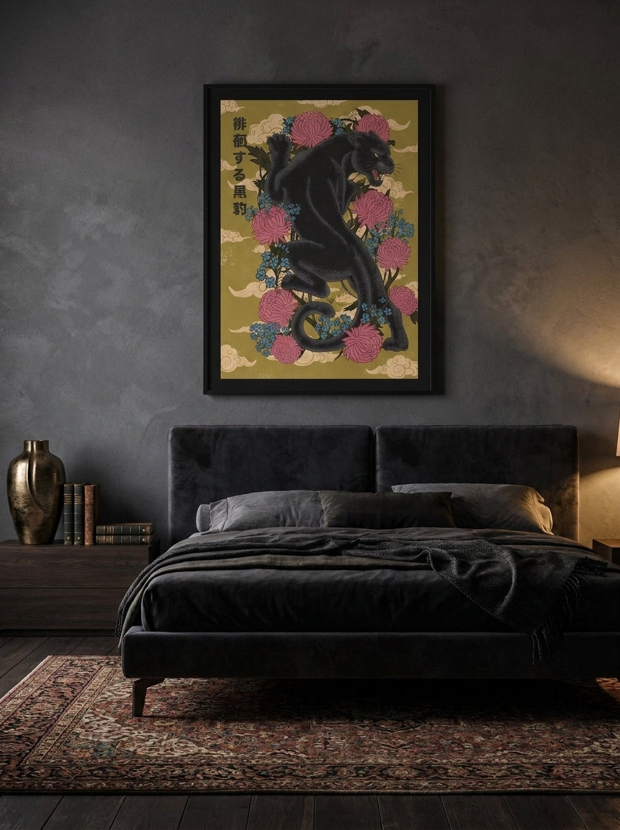 Modern wall art print styled on the wall in a moody bedroom