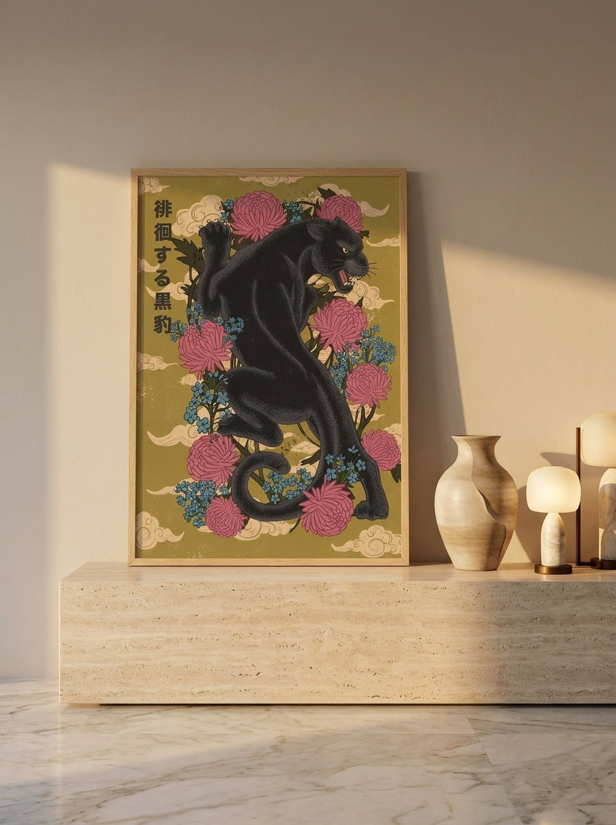 Modern wall art print standing on a console in a luxe bedroom