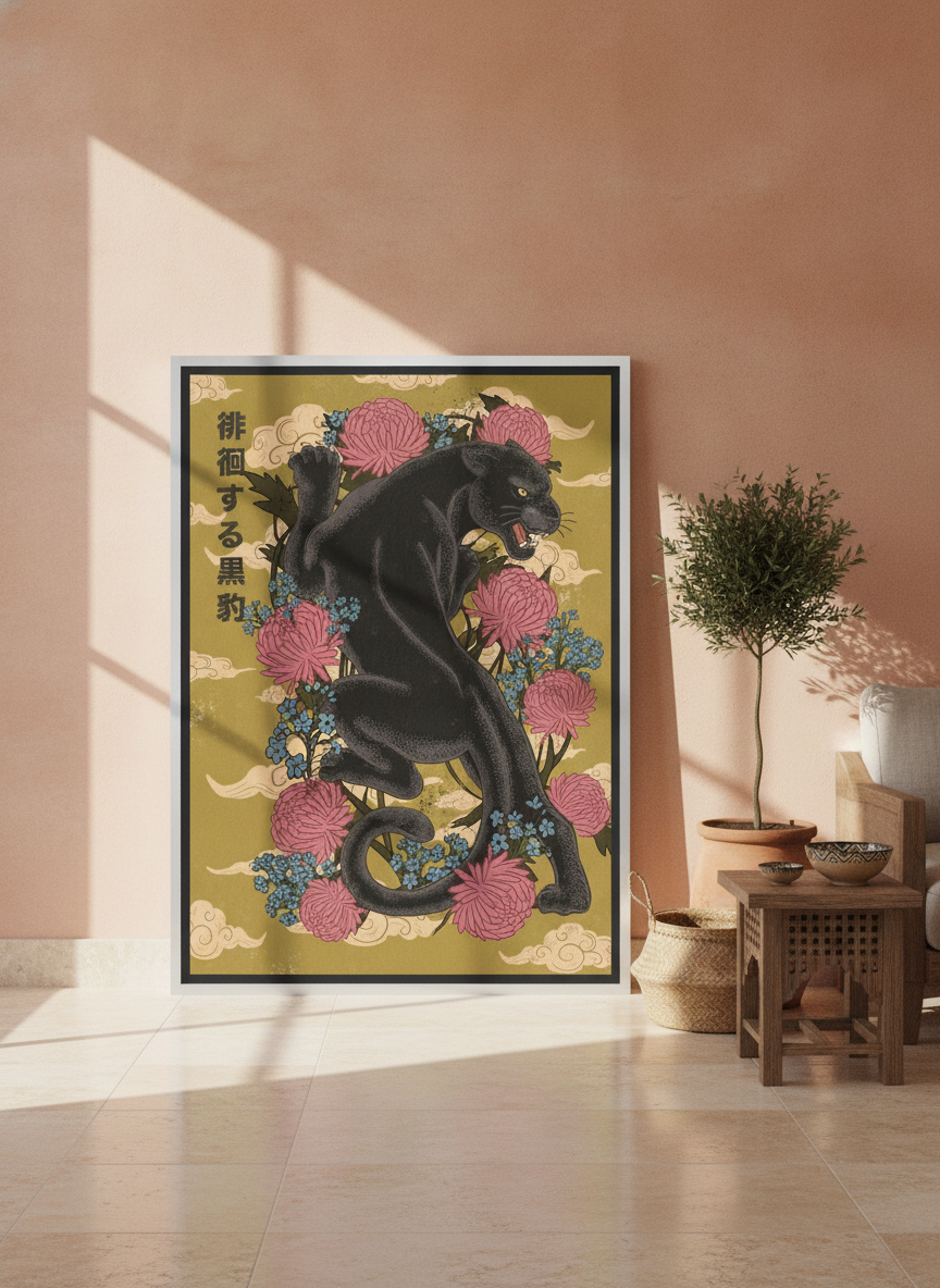 Oversized statement canvas wall art with a silver leaf surround leaning against the wall in a Mediterranean dining room