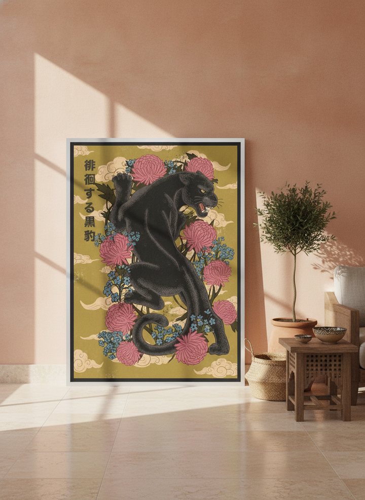 Oversized statement canvas wall art with a silver leaf surround leaning against the wall in a Mediterranean dining room