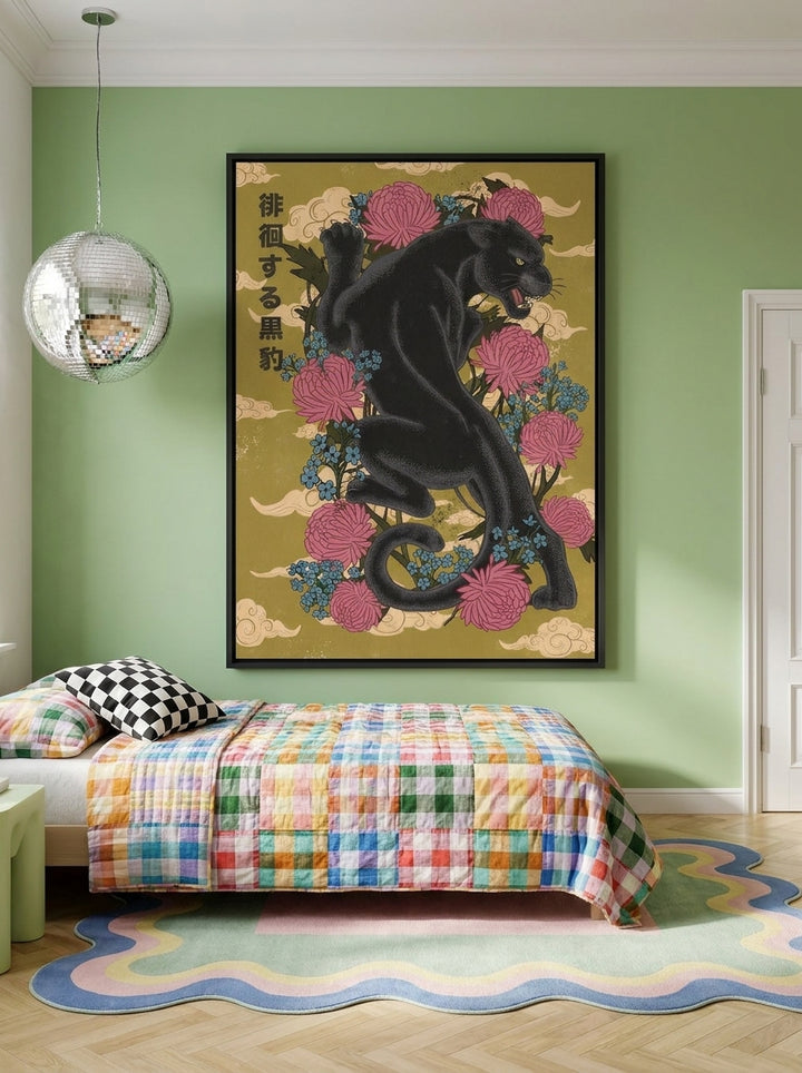 Oversized statement canvas wall art with a black surround styled on the wall in a colourful eclectic bedroom