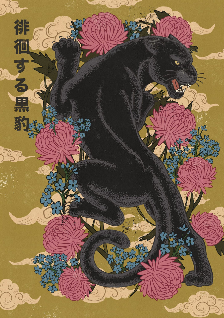 Japanese Black Panther Flowers By Nicholas | Art & Canvas Print