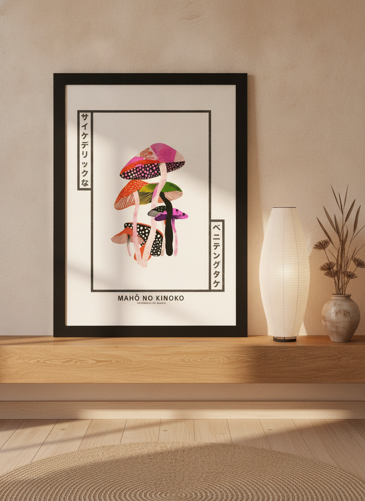 Modern wall art print standing on a shelf in a warm Japandi bathroom